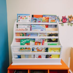 Book display featuring children’s books about dental care and learning