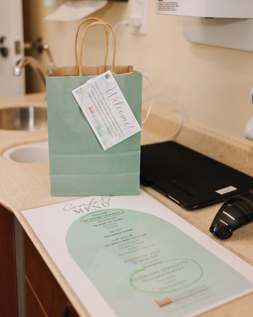 Dental office welcome bag and comfort menu for patients at Larrimore Family Dentistry