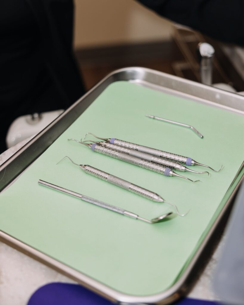 Professional dental cleaning instruments prepared for preventive dental care
